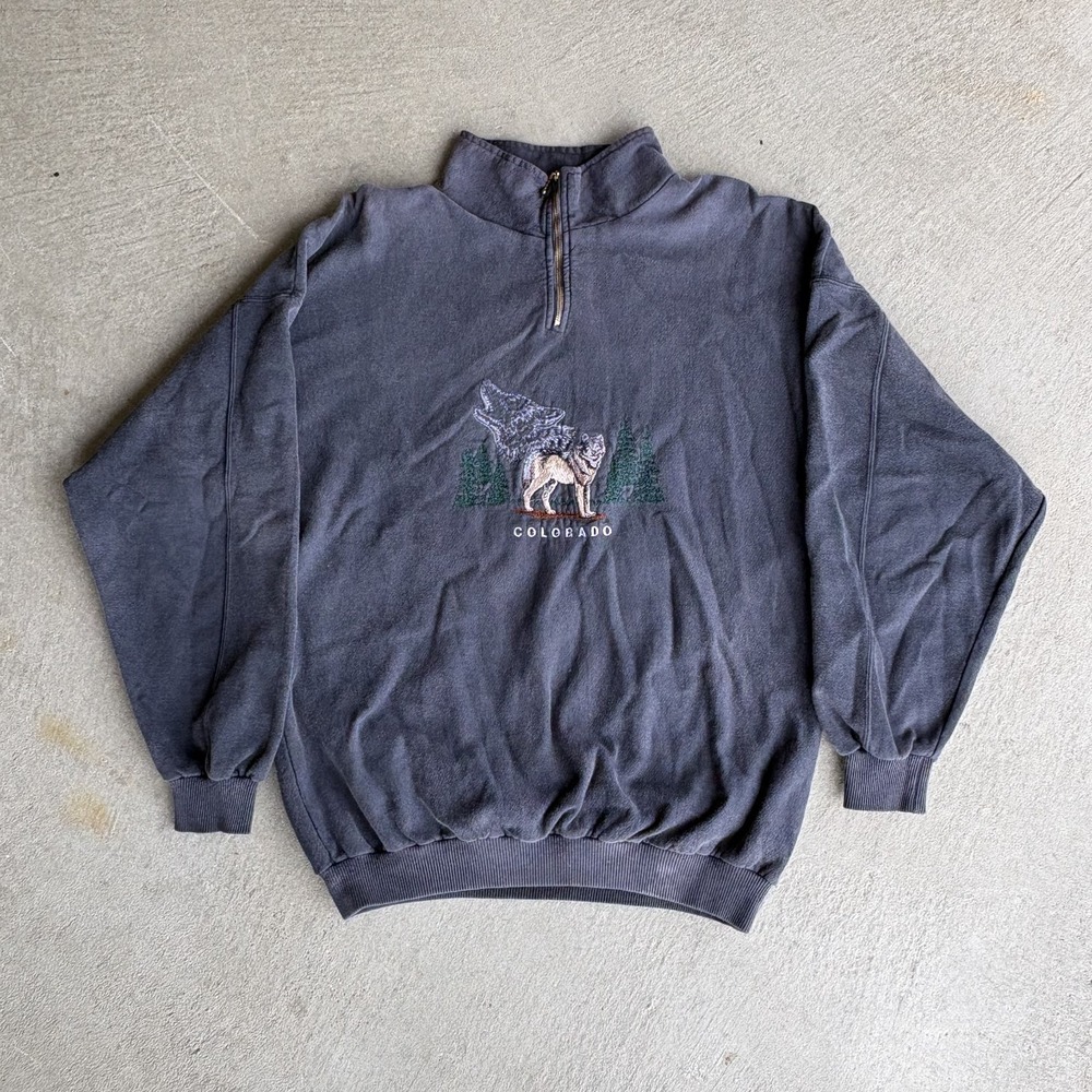 Vintage 90's Granola Colorado Sweatshirt Quarter Zip Nature Embroidered Wolf L